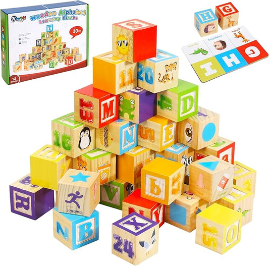 KMTJT Wooden Alphabet Blocks for Toddlers 1-3 | ABC Stacking Blocks Toys for 1 2 3 Year Old Kids | One Year Old Girl Boy 1st First Birthday Gifts | Number Building Blocks Learning Educational Toys