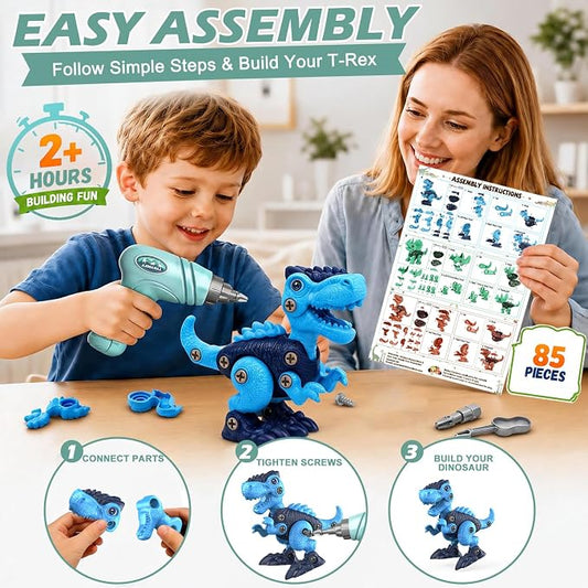 Take-Apart Dinosaur Toys for Boy 4-6: 85 Piece 3 Pack Dino & Electric Drill - Image 2