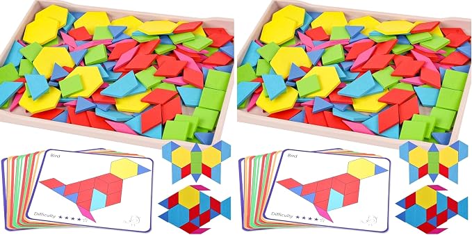 3 otters Wooden Pattern Blocks Shapes for Kids, Geometric Tangram Puzzle with Activity Cards, 150 PCS Educational Toy (Pack of 2) by 3otters