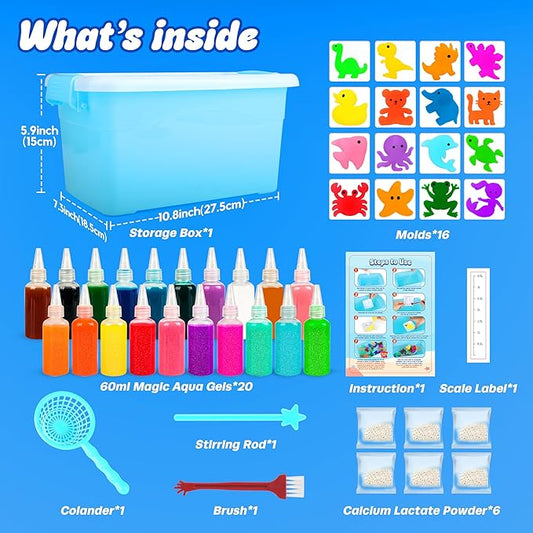 Mocoosy 20 Colors Magic Water Gel Kit for Kids, Aqua Fairy Water Elf Toy Kit with 20 Aqua Gels & 16 Squishy Maker Molds, Squishy Making Kit Water Pets DIY Crafts Kit STEM Gifts for Boys Girls Age 6-12