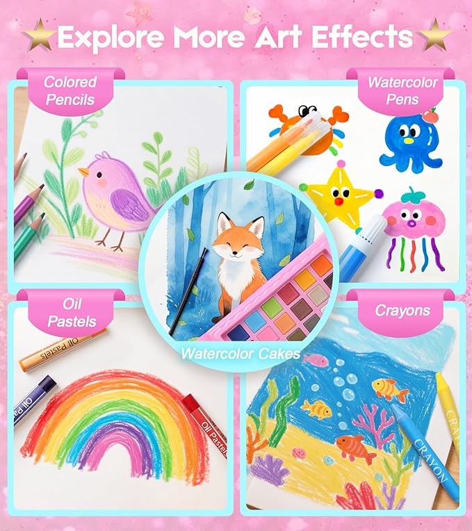 237-Piece Kids Art Set with Double-Sided Easel, Painting Kits for Kids Ages 4-8, Non-Toxic Art Supplies for Girls & Boys, Drawing Set with Watercolor, Oil Pastels, resent for Young Artists-Pink