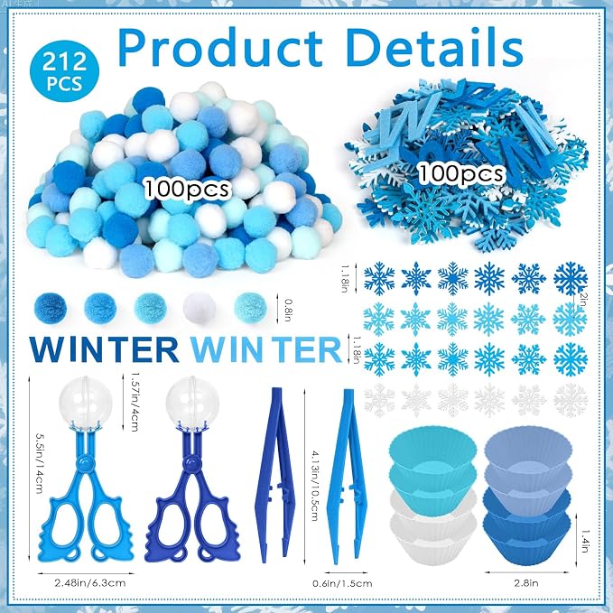 212 Pcs Winter Sensory Bin Items Hello Winter Snowflake Counting Sorting Sensory Bin Filler Fine Motor Toys Snowflake Counts Winter Xmas Counting Toys for Preschool Education Activities - Image 2