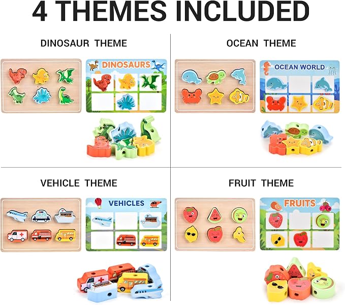 Montessori Wooden Toys for Toddlers 2 3 4: 3-in-1 Theme Sorting, Shape Matching & Color Learning Set - Dinosaur Ocean Vehicle Fruit Chunky Boards - Fine Motor Skills Speech Therapy Gifts - Image 5