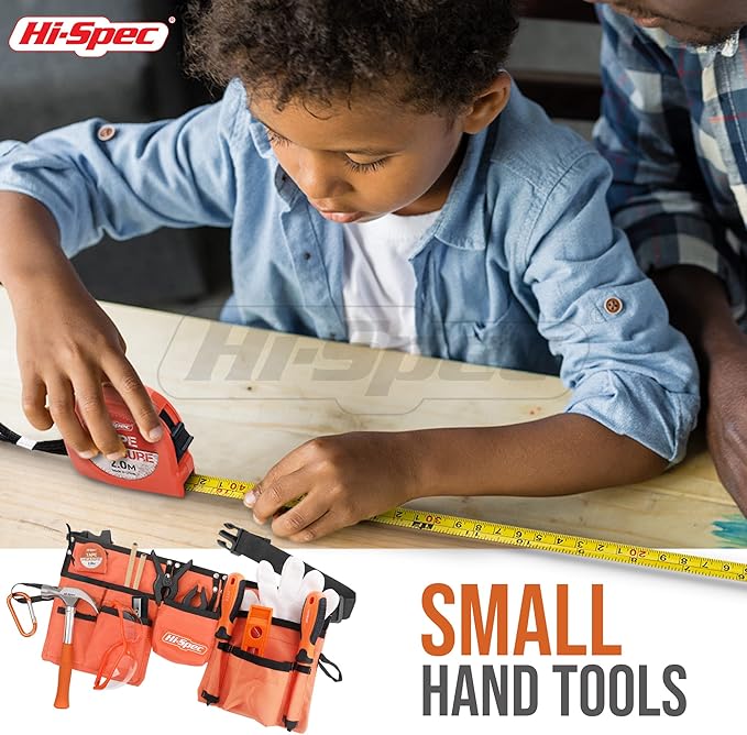 Hi-Spec 16pc Orange Kids Tool Kit Set & Child Size Tool Belt. Real Kit for DIY Building, Woodwork & Construction Learning for Kids