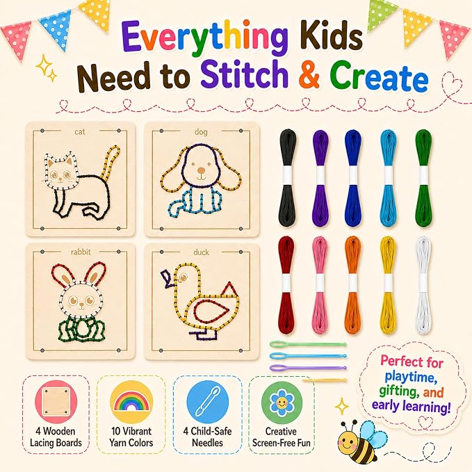 Montessori Wooden Lacing Toys for Toddlers and Kids Ages 2-4 5-7, Sewing Kit Fine Motor Skill Busy Board, Education Sensory Preschool Toy for 1 2 3 4 Year Olds, Birthday Gift for Boys and Girls - Image 3