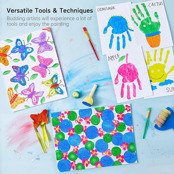 Shuttle Art Washable Finger Paint Set, 53 PCS with 14 Colors (2 fl oz), Paint Brushes, Sponge, Palette, Non-Toxic Finger Painting for Toddlers