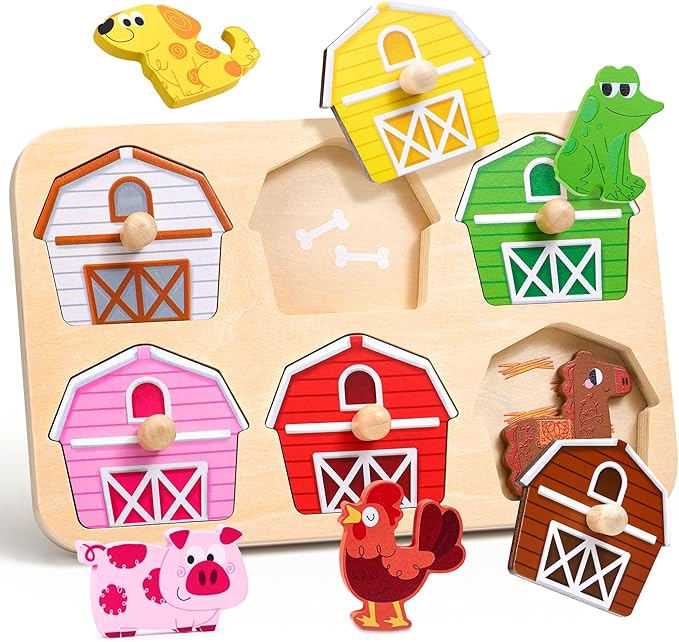 JoyCat Wooden Puzzles for Toddlers 1-3, Montessori Toys for 1 2 Year Old Boy Girl Birthday, Animal Match Farm Peg Puzzles, Preschool Learning Toys for Toddlers Age 1-2