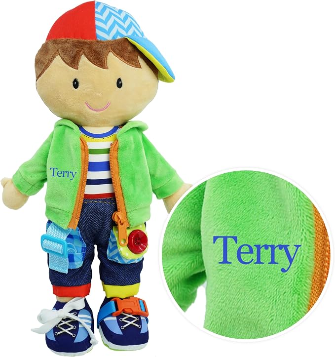 June Garden Personalized Dressy Friends Terry - Educational Stuffed Plush Doll for Kids and Toddlers 2 Years and Up - Montessori Buckle Soft Toy by JuneGarden
