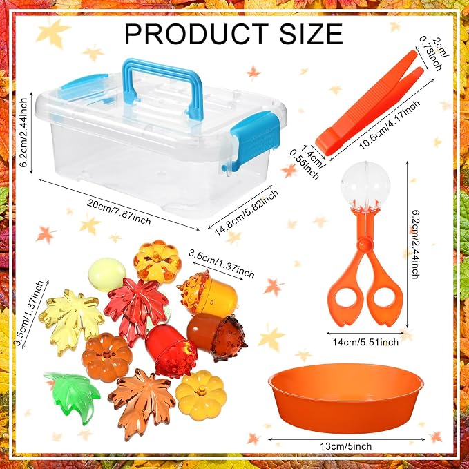 147 Pcs Fine Motor Toys Counting Sorting Fall Decorations, Sensory Bin Filler, 135 Acrylic Fall Leaves Pumpkin 4 Tweezers 2 Scissors Clips 5 Cups Storage Box for Fall, Autumn Thanksgiving Decor - Image 2