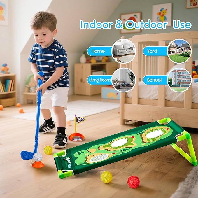 PJG Toddler Golf Set with Mat & Cornhole Board, Plastic Kids Golf Clubs 3-5 with 4 Golf Clubs and 10 Balls, Golf Toy with Cart for Boys and Girls Aged 1 2 3 4 5 Years Old Birthday (Blue)
