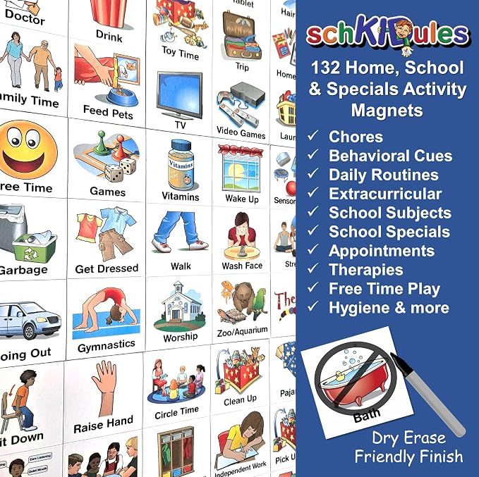 SchKIDules Deluxe Magnetic Visual Schedule & Reward Chart w/189 Colorful Magnets & Reversible 18” Folding Board for Daily Routines, Chores, Behavioral Supports, Kids Calendar, ADHD & Autism Icons - Image 7