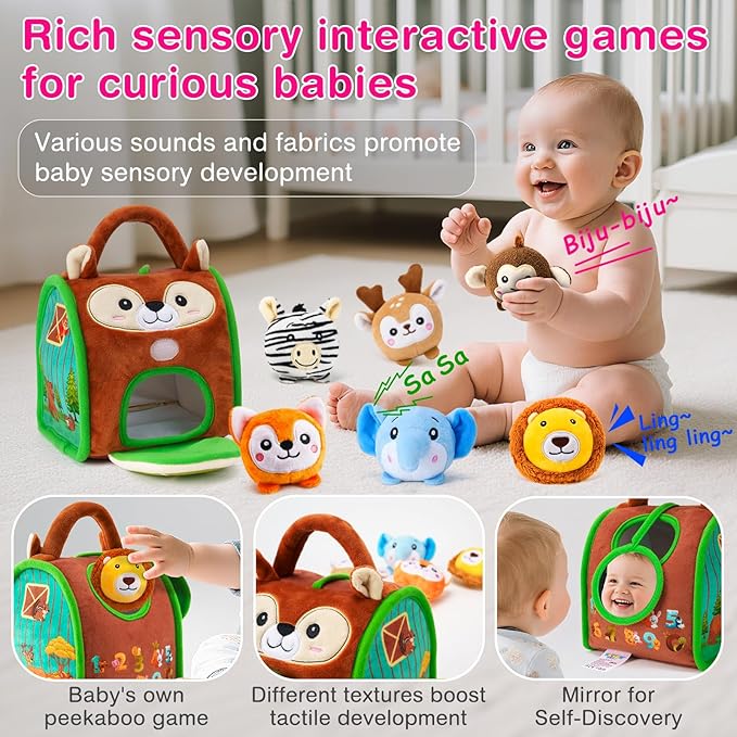 Montessori Sensory Toys for Babies 6-12 Months & Toddlers 1-3 Year Old - Educational Stuffed Animal Set with Rattle, Crinkle & Safe Mirror for Baby Kids & Boy Girl