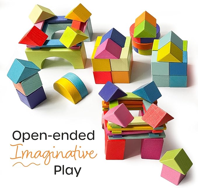 Quiggly Montessori Wooden Rainbow Building Blocks - 68 Pc STEM Toy Set - Image 3