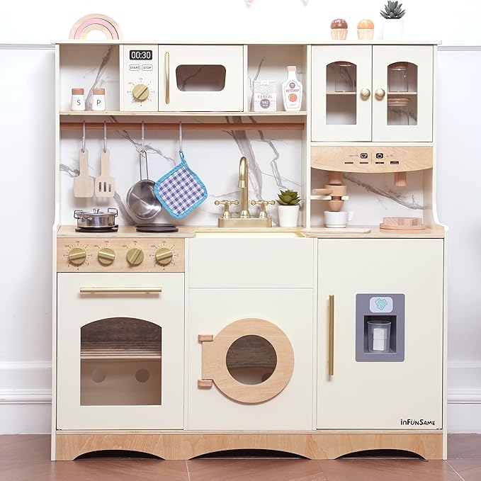 Play Kitchen set for kids and Toddlers with Realistic ICE Maker & Sounds,Wooden Toy Kitchen Set with 20 Accessories, Interactive Learning Toy for Pretend Play, Gift for Girls & Boys(Ages 3+)