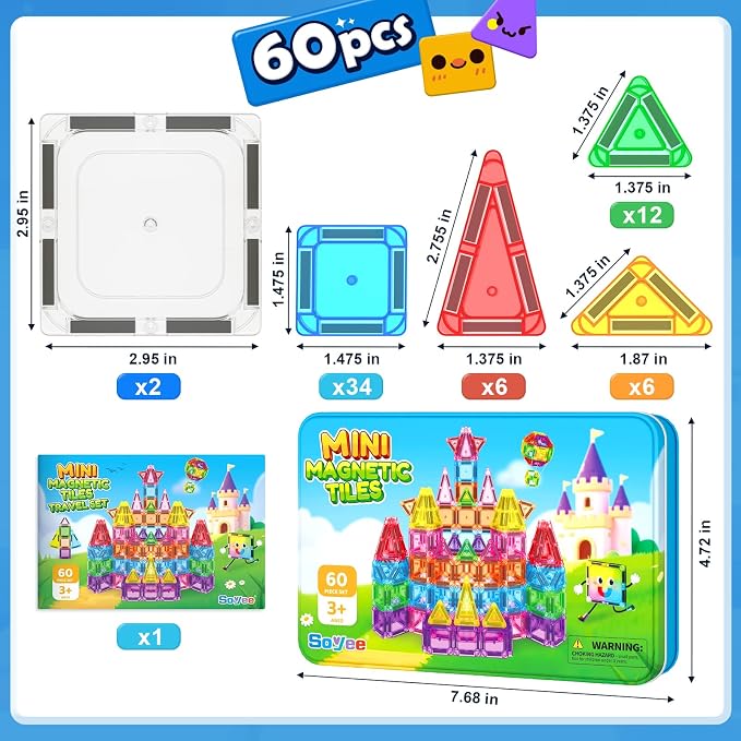 Soyee Mini Travel Magnetic Tiles 60PCS with Metal Tin Case Toddler Kids Toys Travel Essentials, Toddler Travel Toys Portable STEM Building Blocks Compatibility with Regular Size Magnetic Tiles - Image 6