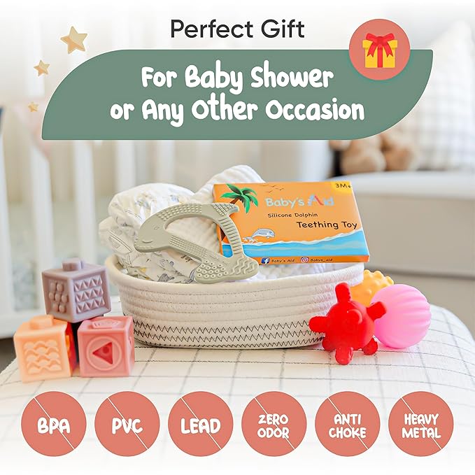 Dolphin Silicone Teether Toy with 8 Texture Zones, Easy Grip for Little Hands, Ages 3M+, Baby’s Aid (Olive)