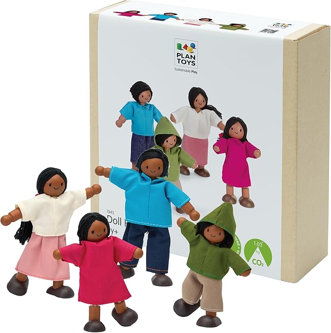 PlanToys® Wooden Dollhouse Family Set – Medium Skin Tone | Father, Mother, Son & Daughter Poseable Figurines | 1:12 Scale Wooden Dollhouse Accessories for Pretend Play