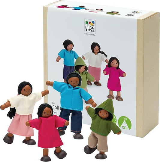 PlanToys® Wooden Dollhouse Family Set – Medium Skin Tone | Father, Mother, Son & Daughter Poseable Figurines | 1:12 Scale Wooden Dollhouse Accessories for Pretend Play