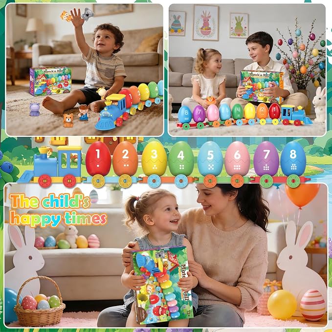 Grarain Toddler Train Toy Set with Farm Animal Finger Puppets & Eggs, Montessori Educational Color Number Sorting Matching Learning Toys for Kids Boys Girls 1-3 Year Old, Fine Motor Gifts - Image 6