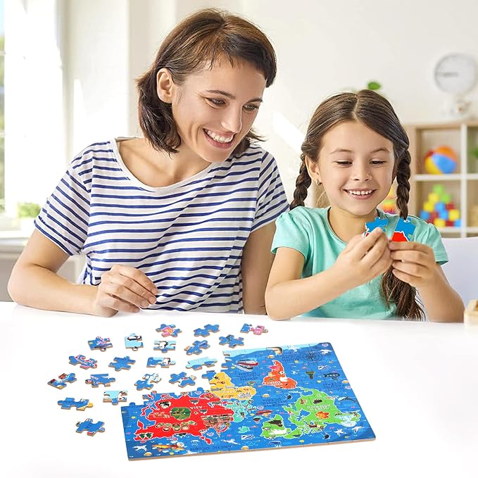 LELEMON World Map Puzzles for Kids Ages 4-8,100 Pieces World Sea Map Jigsaw Puzzles in a Metal Box,Fun World Map Learning Educational Toys for Boys Girls - Image 6