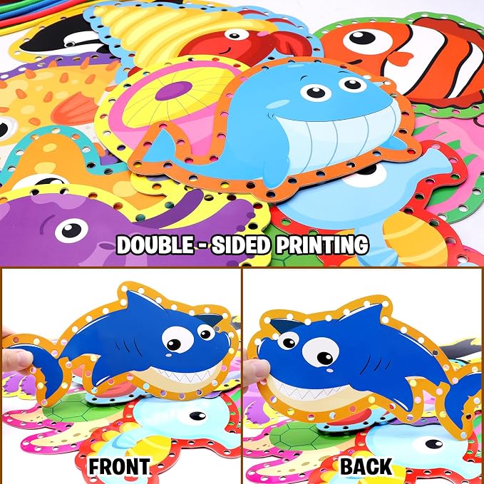 Sea Animals Lacing Cards Sewing Cards For Kids 12 Pack Shark Whale Ocean Theme Party Decor Double Sided Cardboard Lacing Playing Games for Preschool Home Developing Imagination Education Supplies - Image 4