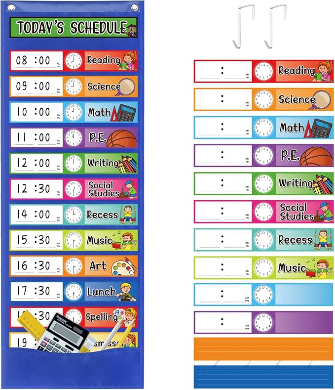 Daily Schedule Pocket Chart Kit,40 Bright Attractive Double-Sided Reusable Erasable Cards,1 Title Card,13+1 Scheduling Pocket Chart with 2 Hangers for Classroom Office Home Preschool Learning (Blue) by RAGNHILD