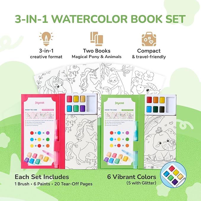 JoyCat 2 Pack Pocket Paint with Water Coloring Books for Kids, Art & Craft Activity Toy Set, Creative Travel & Home Painting Kit, Gifts for Girls & Boys Ages 3-8 (Magical Pony & Animals)