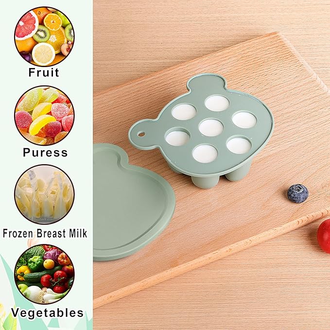 Baby Fruit Feeder & Breastmilk Popsicle Mold Set – 3 Pack Silicone Teething Relief Kit with Food Feeder Pacifier, Freezer Tray with Lid & Baby Teether Toy (Pea Green)