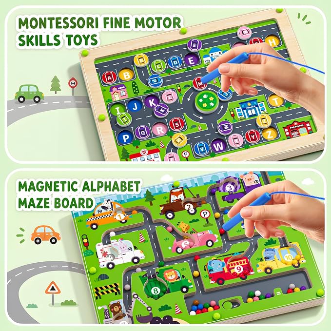 2 in 1 Magnetic Color and Number Maze Double-Sided ABC Alphabet Puzzles Board Magnet Dinosaur Counting Maze Preschool Learning Montessori Education 3 4 5 Years Toys (Car, One Size) - Image 5