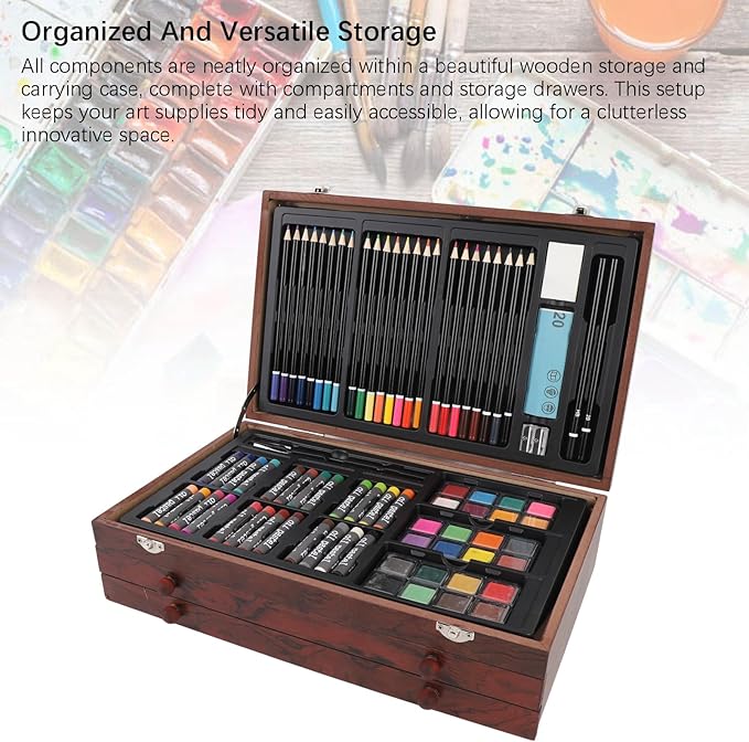 ZAICOLER 158 PCS Deluxe Art Set, Wooden Box Painting Drawing Kit with 2 Sketchbooks 24 Paints Oil Pastels Colored Pencils Crayons Brushes for Kids Teens Adults Artists Beginners