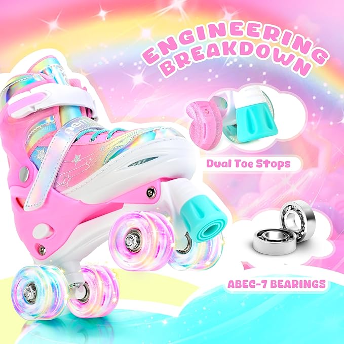 NEMONE Mermaid 4 Size Adjustable Light up Roller Skates for Girls, Purple Blue Skates for Toddlers, Beginner Kids Butterfly Roller Skates Indoor Outdoor