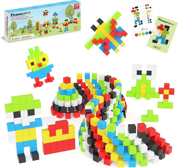 PicassoTiles 100pcs 0.5” Pixel Magnetic Puzzle Cube Mix & Match Cubes Sensory Toys STEAM Education Learning Building Block Magnets Children Construction Toy Set Stacking Magnet Creative Kit PMC100 by PicassoTiles