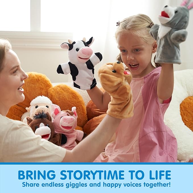 JOYIN 6Pcs Kids Hand Puppet Set with Working Mouth, Toddler Plush Toy Includes Pig, Sheep, Dairy Cow, Dog, Goat, and Horse for Show Theater, Birthday Gifts for Boys Girls, Gifts for Christmas