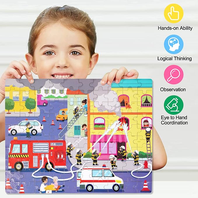 LELEMON 100 Pieces Jigsaw Puzzles in a Metal Box for Kids Age for 4-8 Boys Girls Toy Puzzles Fire Truck Ambulance Police Car Fireman Children Learning Educational Puzzles Toys - Image 5