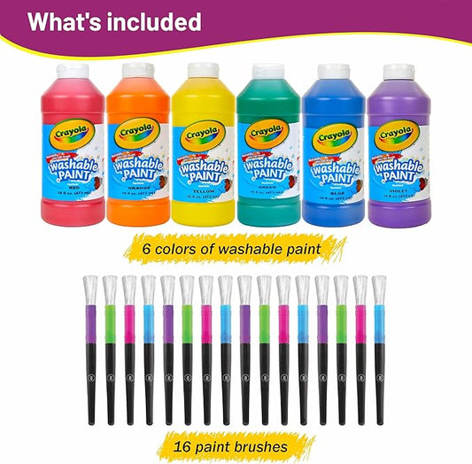 Washable Paint for Kids, Kids Painting Set 6 Colors with Paintbrushes, Non Toxic Bulk Finger Paints 16 oz Each, Kid Paint Classroom Set for Toddlers – Paints for Kid Art, Craft Gifting bundle