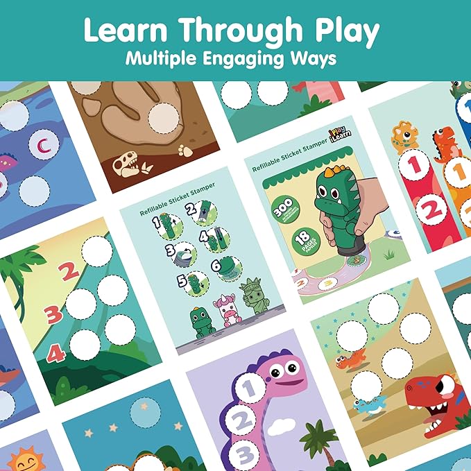 iPlay, iLearn Kid Dinosaur Sticker Stamp Activity Set - 400+ Stickers 18-Page Activity Book, Toddler Creative Mess-Free Art Craft Educational Travel Toy Birthday Stocking Gift 3 4 5 6 Yr Old Girl Boy