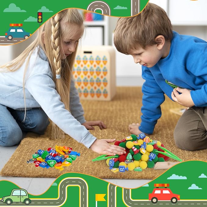169pcs Traffic Signs Sensory Bin Filler Fine Motor Toys Traffic-themed Sensory Bin Items Traffic Light Stop Sign Traffic Cones Parking Sign Crosswalk Pom Poms for Preschool Color Counting Sorting - Image 5