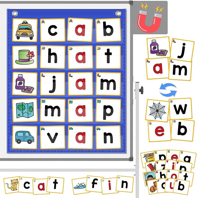 ABCxGOOD CVC Word Building Pocket Charts with 64 Phonics Flash Cards Kindergarten Classroom Must Haves, CVC Literacy Games for Beginners in Reading and Spelling. by abcxgood