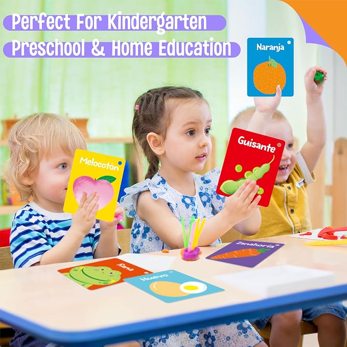 51 PCS Spanish Baby Cognitive Flashcards, Double Sided Printed 7 in 1 Colorful Cards Alphabet, Numbers, Foods, Animals, Shapes, Colors with 2 Reclosable Rings, Learning Tool for Toddlers - Image 5