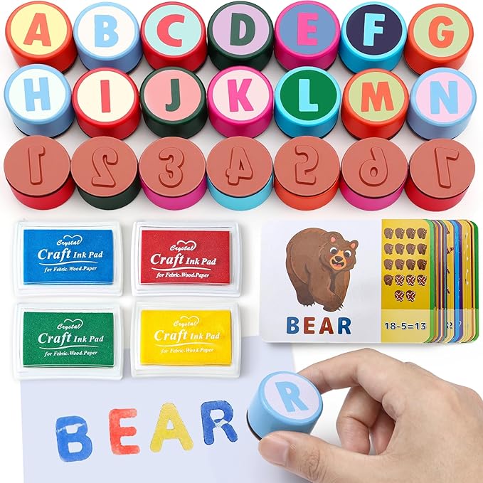 Toyssa Wooden Alphabet Number Stamp for Kids, ABC Spelling Learning Toys with Letter Stampers & 4 Ink Pads & Flashcards, Mathematics Preschool Educational Toys Gift for Kids Aged 3 4 5 Boys Girls