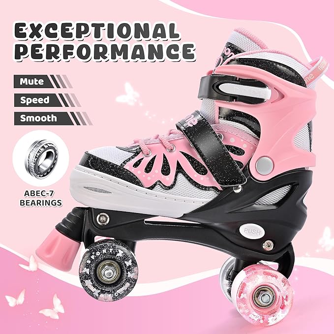 NEMONE Mermaid 4 Size Adjustable Light up Roller Skates for Girls, Purple Blue Skates for Toddlers, Beginner Kids Butterfly Roller Skates Indoor Outdoor