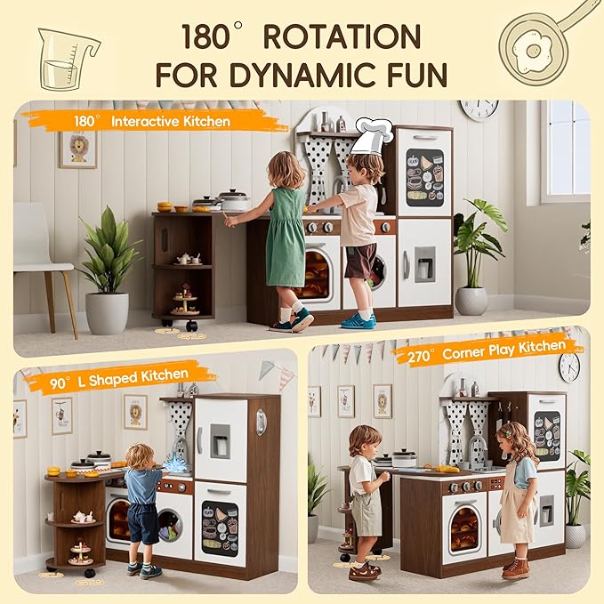 Wooden Play Kitchen with 180 Degree Rotation, Interactive Kids Corner Toy Kitchen Playset with Lights & Sounds, Toddler Kitchen Play Set with Realistic Accessories for Girls Boys Ages 3+, Brown
