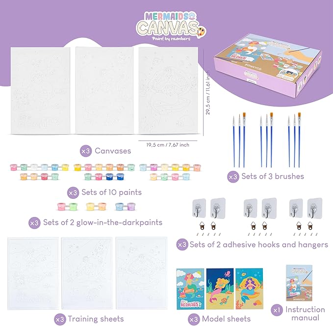 BONNYCO Paint by Numbers Kit for Kids Mermaid Pack 3 Canvas. Paint by Number Canvas Framed Pre Drawn, Mermaid Gifts for Girls Painting. Arts and Kids Crafts 4-6 8-12, Pintar por Numeros Niñas