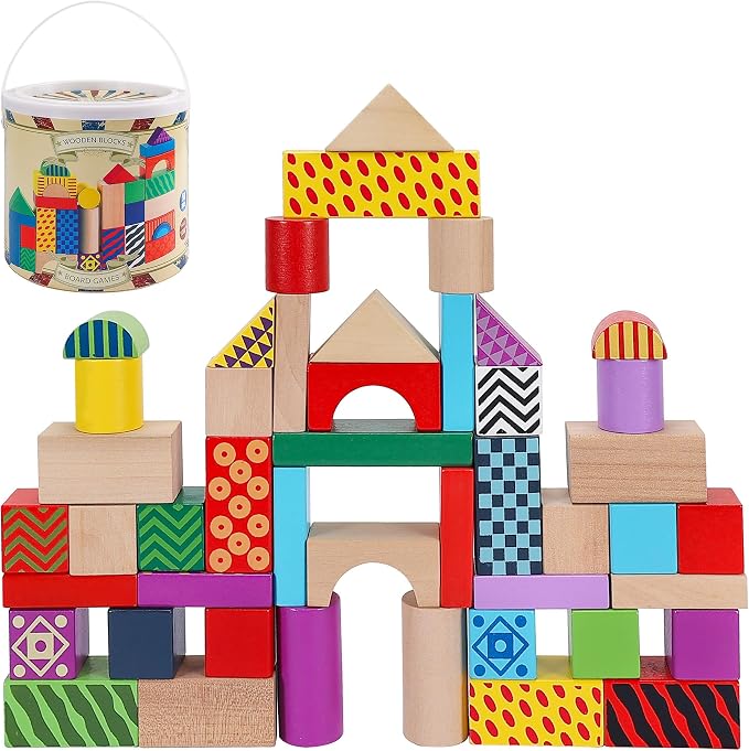 Offelec 50 Pcs Wooden Building Blocks Set with Storage Bucket, Montessori Stacking Blocks & Shape Sorting Toys for Toddlers, Preschool Learning Toys for Boys & Girls, Kids Brightly Colored Blocks by Offelec