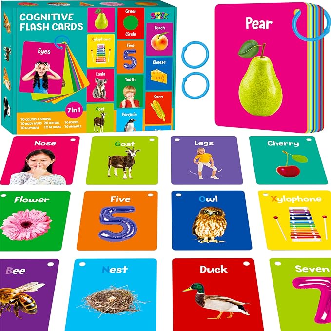 50 PCS Early Learning Flashcards, 7 in 1 Double Sided Cards- Alphabet, Numbers, Foods, Animals, Shapes, Colors with 2 Reclosable Rings, Learning Tool for Pre-K Kindergarten Toddlers by SpriteGru