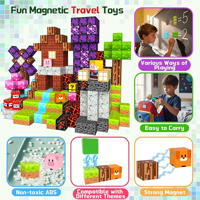 OUGUI 150 PCS Magnetic Blocks Building Block Kids - Magnet Cubes Boy Girl Constructions Toys STEM Montessori Educational Stacking Sensory Toy for Ages 3 4 5 6 7 8 9 10 11 12 Christmas Birthday Gift