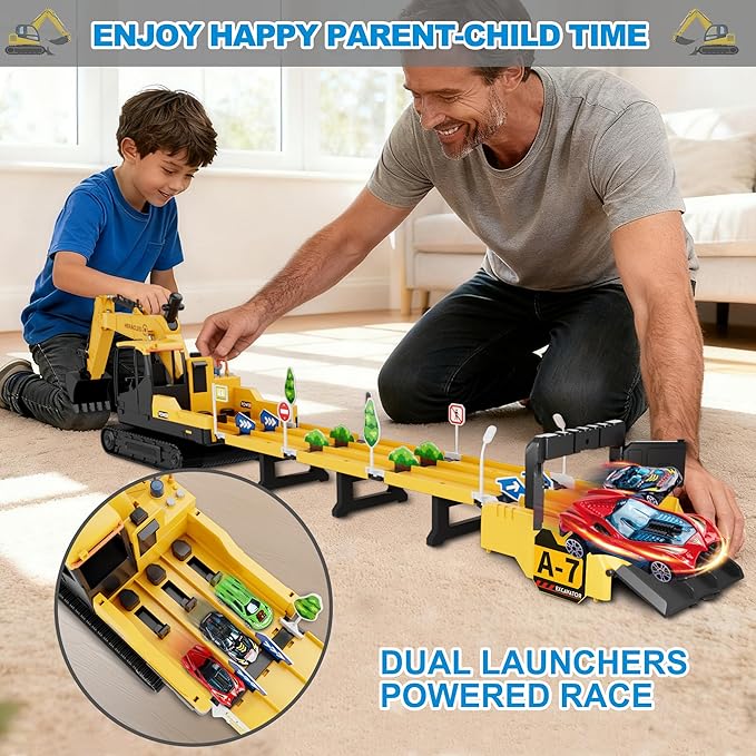 Dwi Dowellin Toys for 3 Year Old Boys,Excavator Toys for Kids with 6 Metal Racing Cars and 2 Engineering Vehicle,Foldable Ejection Vehicle with Lights & Sound for 3 4 5 6 7 Years Old Gifts