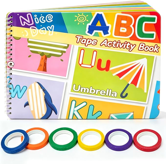 UIIOPJIOM ABC Tape Activity Book for Toddlers, Preschool Learning Alphabet Quiet Book, Montessori Educational Busy Book with Letter Sensory Airplane Travel Toy by UIIOPJIOM
