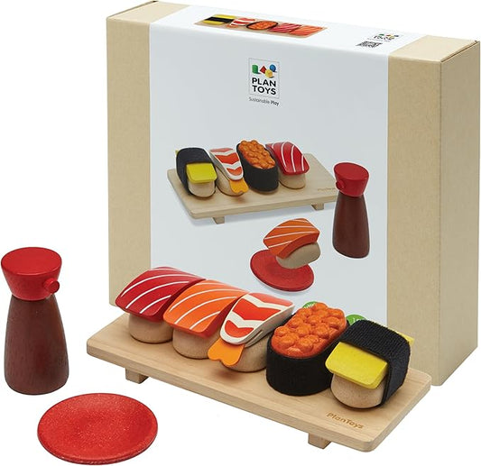 PlanToys® Wooden Pretend Play Food Sushi Kit for Kids | Kitchen Toy Includes Sushi Rolls, Nigiri, Soy Sauce Bottle & Serving Tray | Montessori Kitchen Role Play Toy for Toddlers