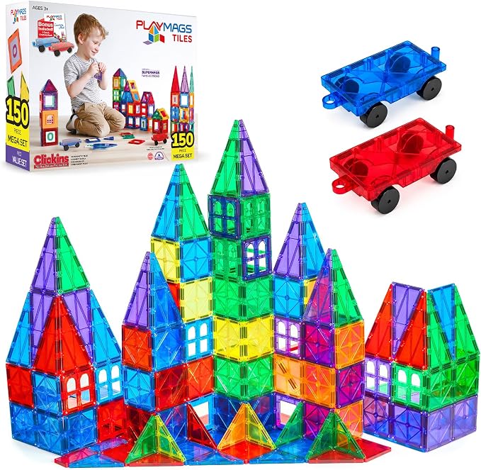Playmags Magnetic Tiles for Kids 150-Piece Set, STEM Educational Building Blocks Toys for Kids, Includes Click-in ABC Learning Tiles, Gift for Boys & Girls, Add on Magnetic Figures, Car Set Available by Playmags